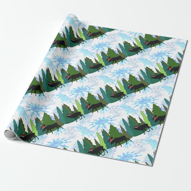 Moose and Elk Play Santa Wrapping Paper (Unrolled)