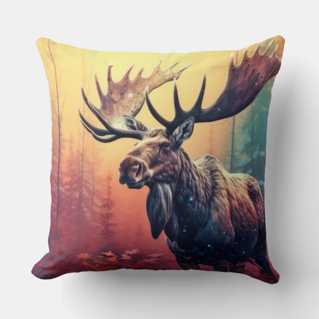 Moose Animal Wildlife Wilderness Colourful Wall Ar Throw Pillow (Front)