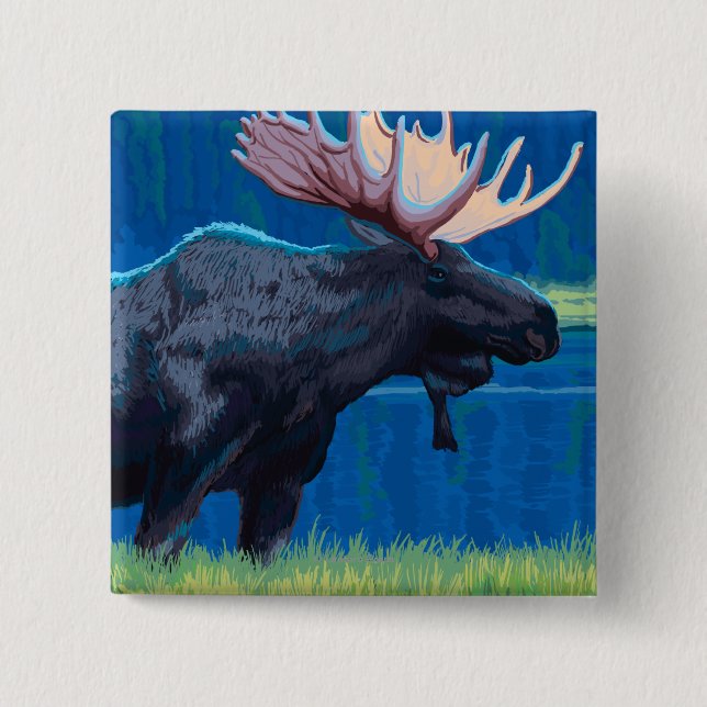 Moose at Night - West Yellowstone, Montana 2 Inch Square Button (Front)