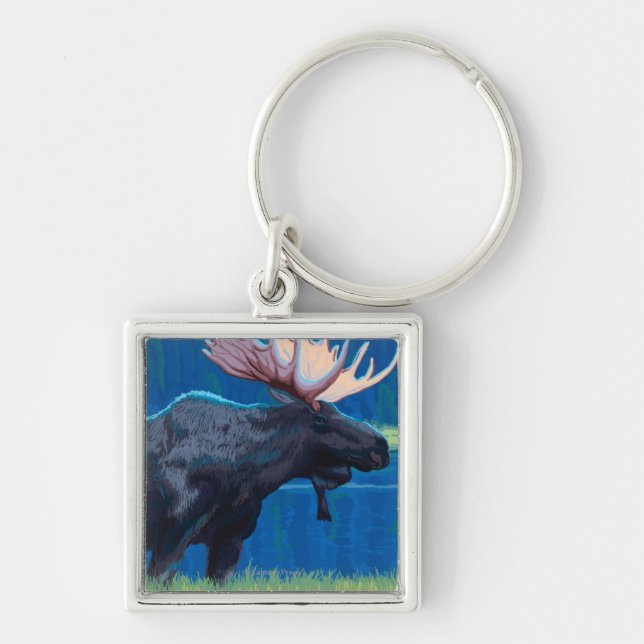 Moose at Night - West Yellowstone, Montana Keychain (Front)