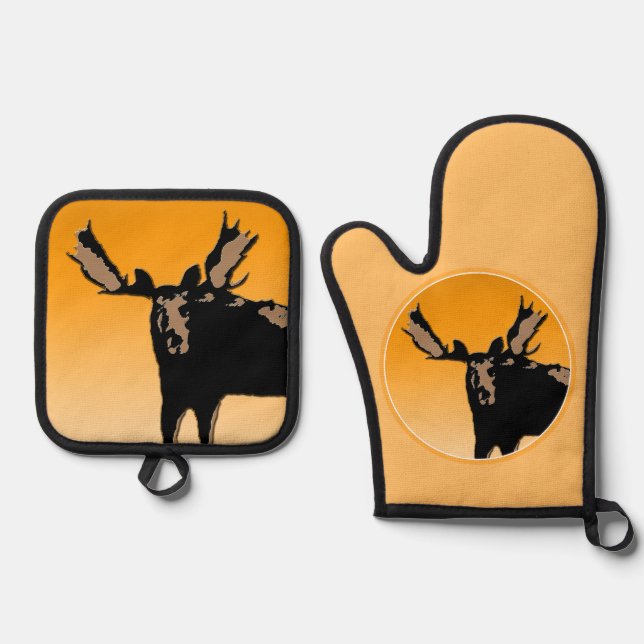 Moose at Sunset  - Original Wildlife Art Oven Mitt & Pot Holder Set (Front)