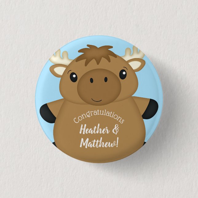 Moose Baby Shower Blue 1 Inch Round Button (Front)