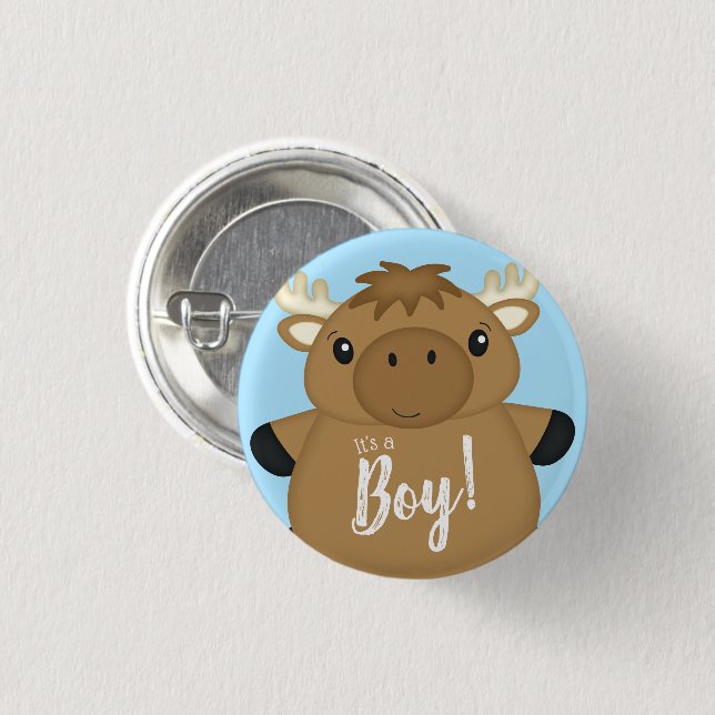 Moose Baby Shower Blue 1 Inch Round Button (Front & Back)