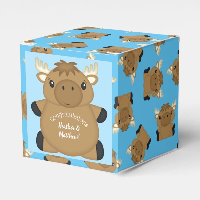 Moose Baby Shower Blue Boy Favor Box (Front Side)