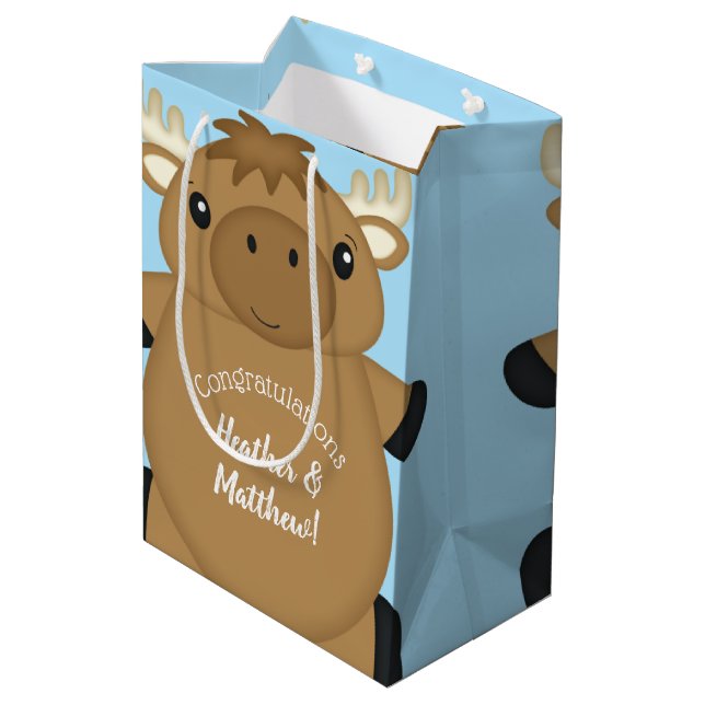 Moose Baby Shower Blue Boy Medium Gift Bag (Back Angled)