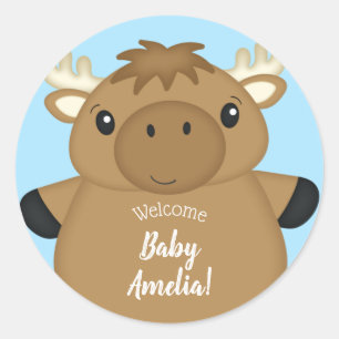 Moose Baby Shower Blue Classic Round Sticker