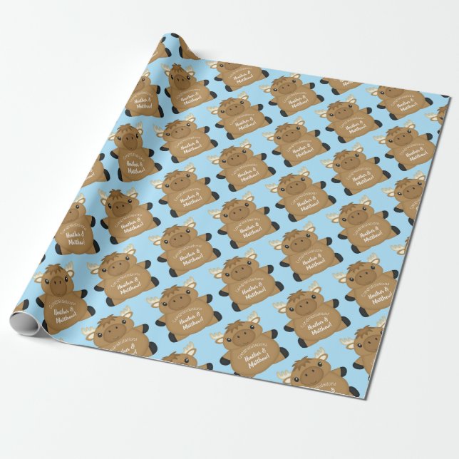 Moose Baby Shower Blue Wrapping Paper (Unrolled)