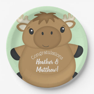 Moose Baby Shower Green Paper Plate