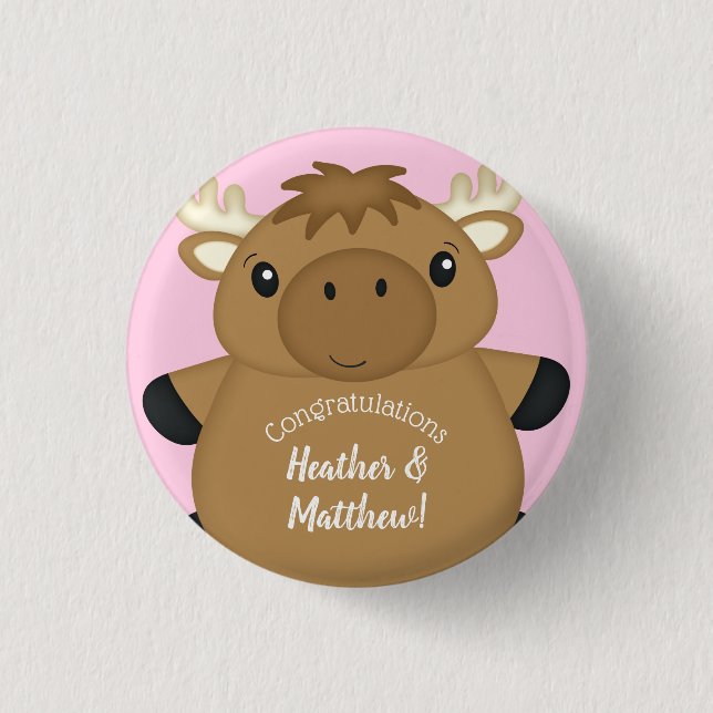 Moose Baby Shower Pink 1 Inch Round Button (Front)