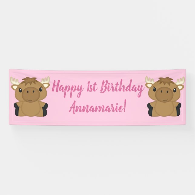 Moose Birthday Party Pink Banner (Horizontal)