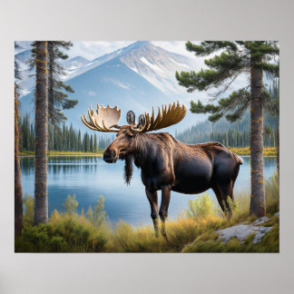 Moose by Lake 4 Poster