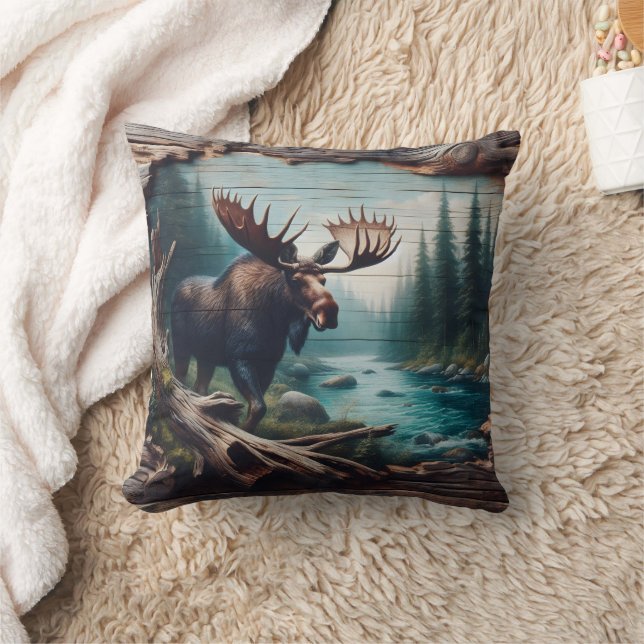 Moose by River in Forest Landscape Art Throw Pillow (Blanket)
