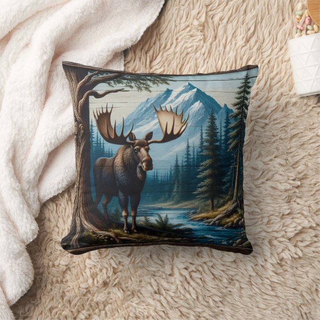Moose by River With Mountains Behind Throw Pillow (Blanket)