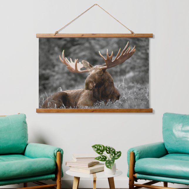 Moose Cabin art Black White  Hanging Tapestry (Living Room)
