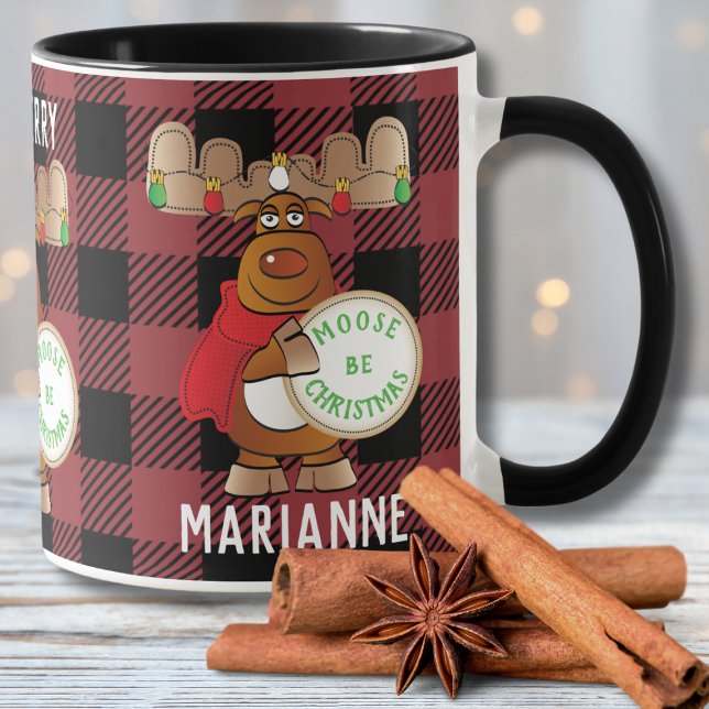 Moose Cartoon Be Merry Funny Plaid Personalized  Mug (Creator Uploaded)