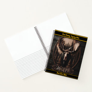 Moose carving amid forest trees notebook