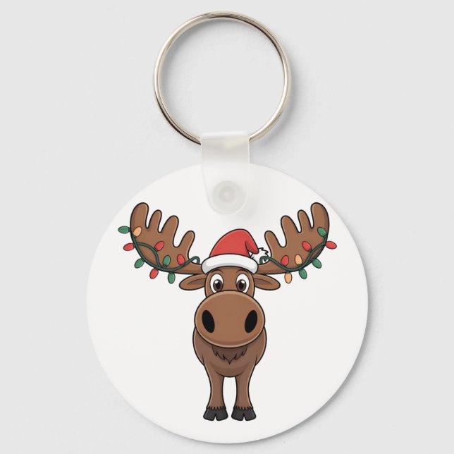 Moose Christmas Tree Lights Funny Xmas Moose Lover Keychain (Front)