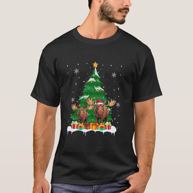 Moose Christmas Tree Lights Santa Reindeer Xmas PJ T-Shirt (Front)