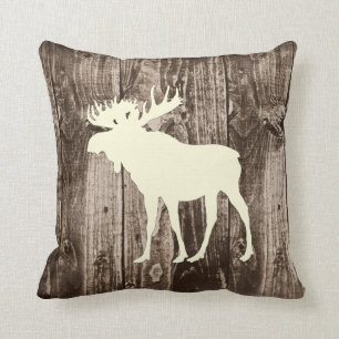Moose (Cream) Wildlife on Rustic Wood Cabin Throw Pillow