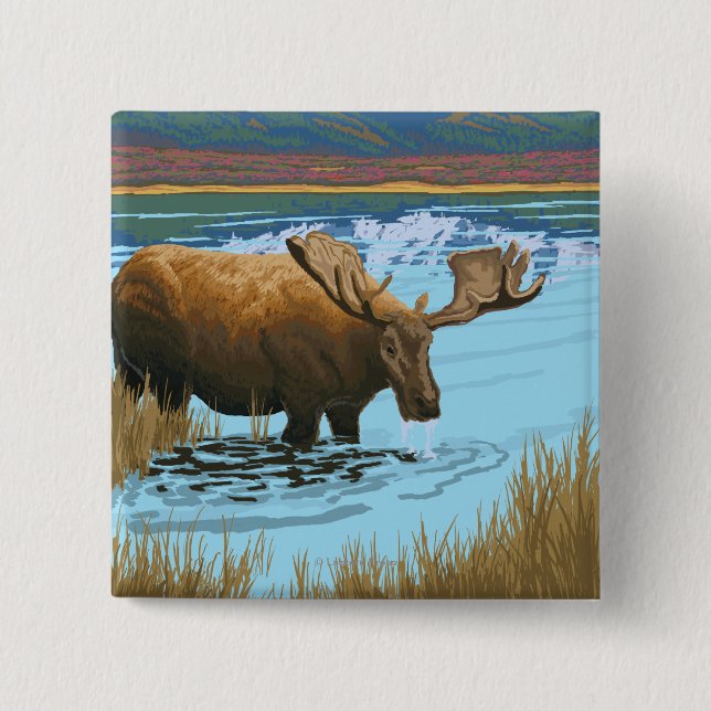 Moose Drinking at Lake - Glacier National Park, 2 Inch Square Button (Front)