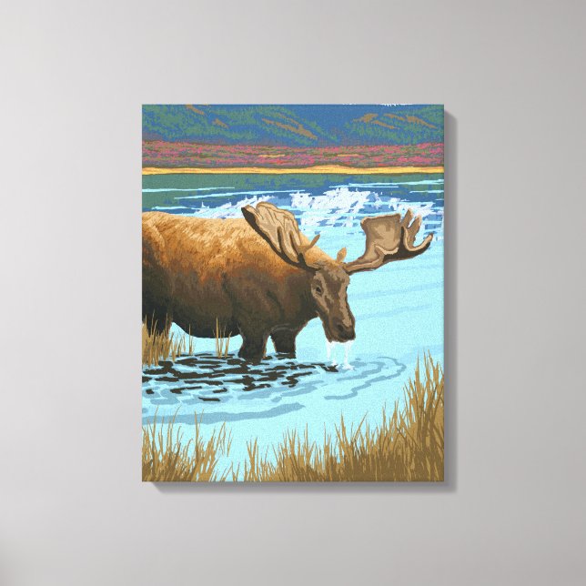Moose Drinking at Lake - West Yellowstone, MT Canvas Print (Front)