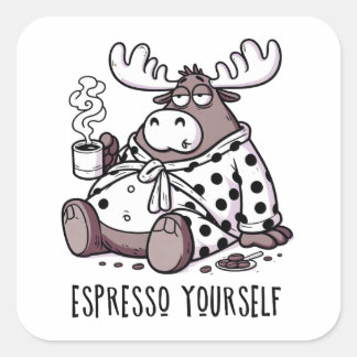Moose Drinking Coffee in a Polka Dot Robe Square Sticker