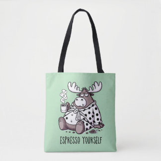 Moose Drinking Coffee in a Polka Dot Robe Tote Bag