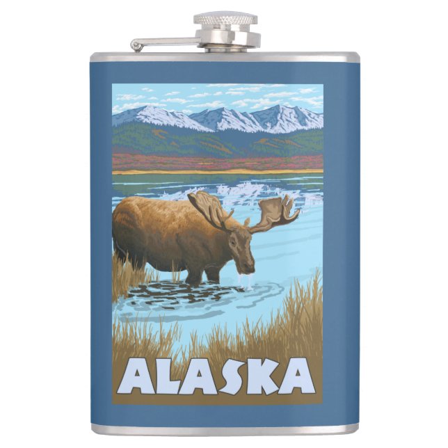 Moose Drinking Water Vintage Travel Poster Hip Flask (Front)