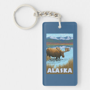 Moose Drinking Water Vintage Travel Poster Keychain