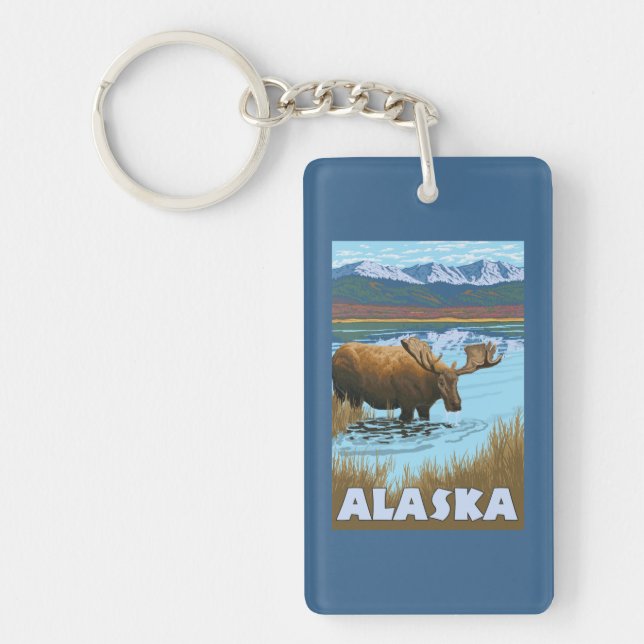 Moose Drinking Water Vintage Travel Poster Keychain (Front)