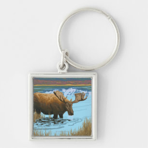 Moose Drinking Water Vintage Travel Poster Keychain