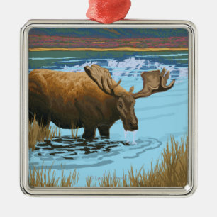 Moose Drinking Water Vintage Travel Poster Metal Ornament