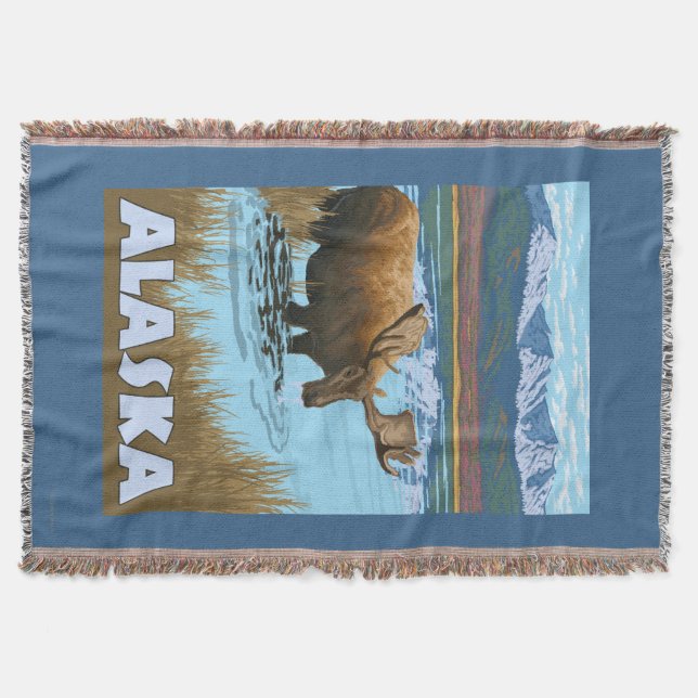 Moose Drinking Water Vintage Travel Poster Throw Blanket (Front)