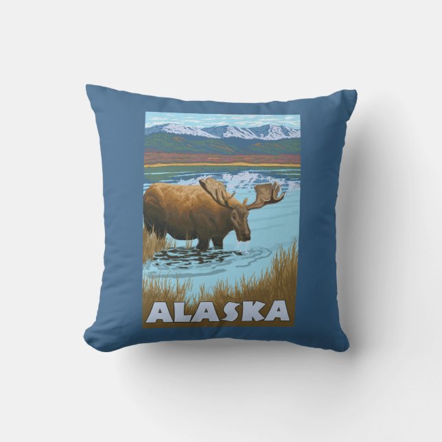Moose Drinking Water Vintage Travel Poster Throw Pillow (Front)