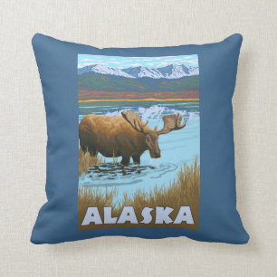 Moose Drinking Water Vintage Travel Poster Throw Pillow