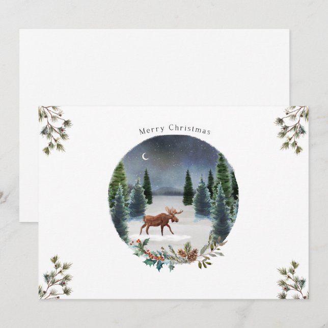 Moose Forest Moon Nature Christmas Card (Front/Back)