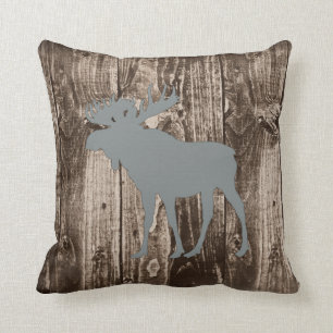 Moose (Grey) Wildlife on Rustic Wood Cabin Throw Pillow