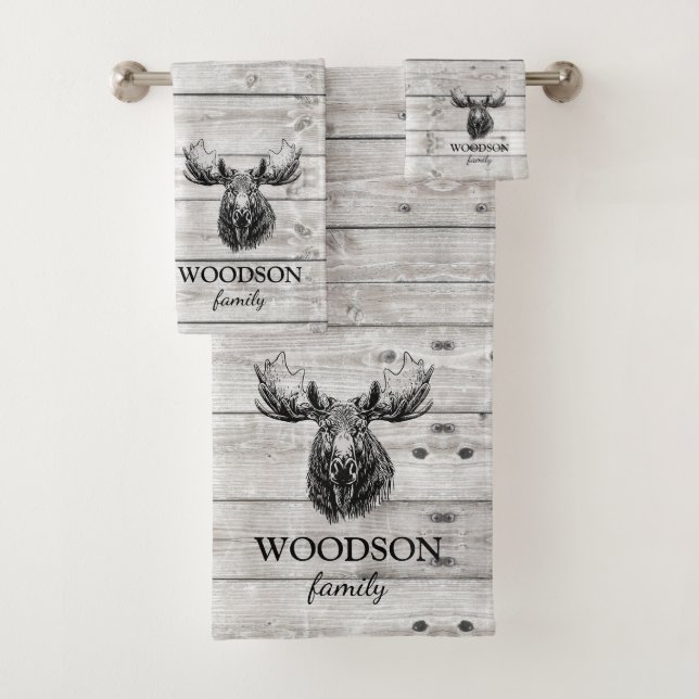  Moose Grey Wood Pattern Personalized Bath Towel Set (Insitu)