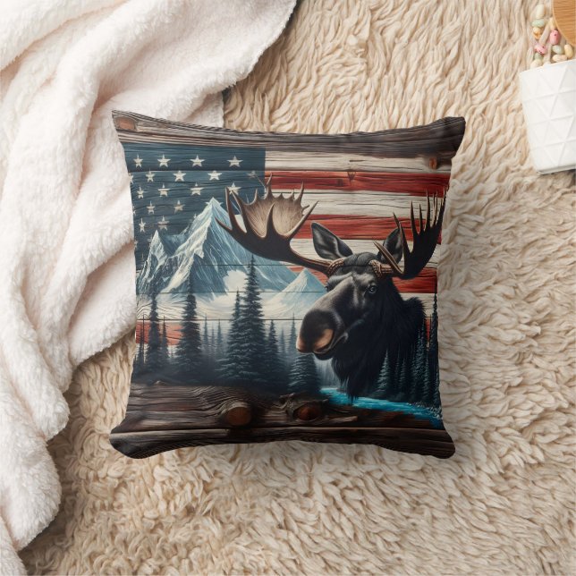 Moose Head Against American Flag and Mountains Throw Pillow (Blanket)