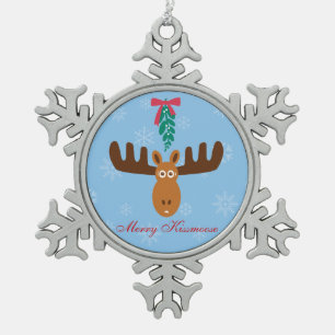Moose Head_Merry Kissmoose_Humorous Holidays Snowflake Pewter Christmas Ornament