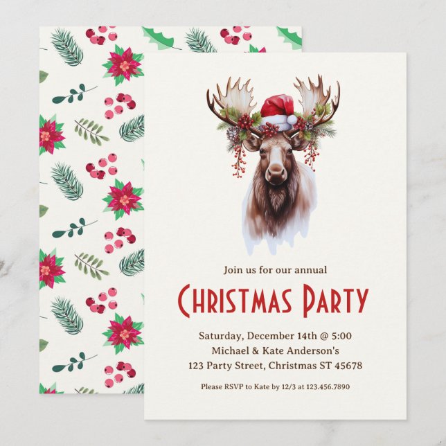 Moose in a Santa Hat Poinsettias Christmas Party I Invitation (Front/Back)