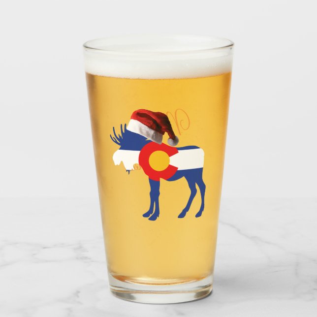 Moose in Colorado Flag with Santa Hat Glass (Front Filled)