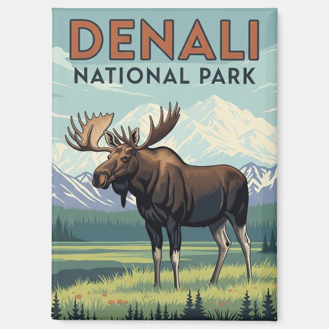 Moose in Denali National Park Alaska Vintage Magnet (Front)