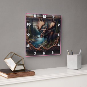 Moose in Forest By a River at Dusk Square Wall Clock