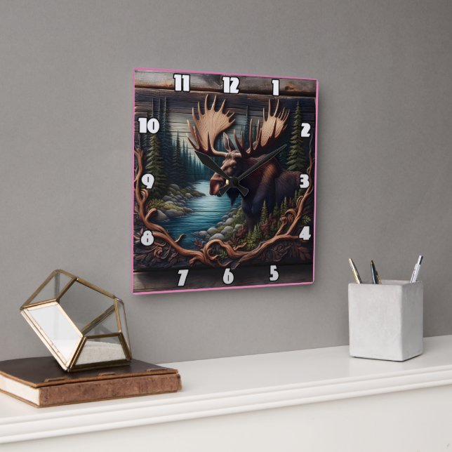 Moose in Forest By a River at Dusk Square Wall Clock (Office)