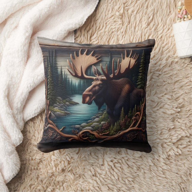 Moose in Forest By a River at Dusk Throw Pillow (Blanket)