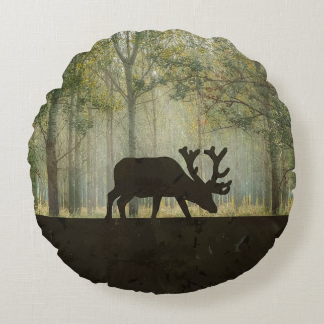 Moose in Forest Illustration Round Pillow (Front)
