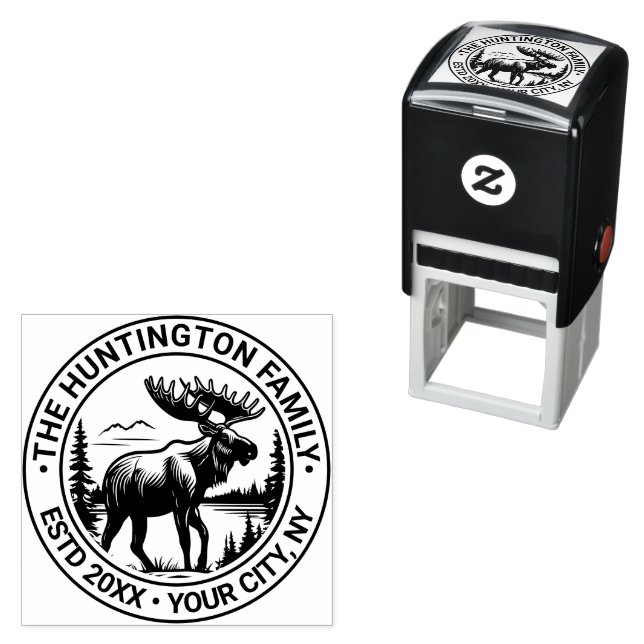 Moose in Forest Landscape Family Name Estd Date Self-inking Stamp (In Situ)