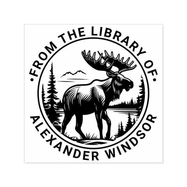 Moose in Forest Landscape Library Book Name #2 Self-inking Stamp (Design)