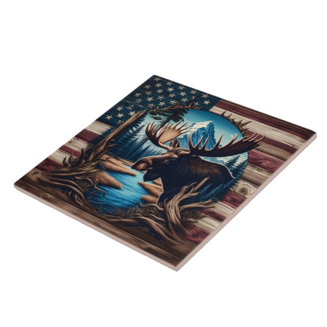 Moose in Front of Mountain and American Flag Tile (Side)